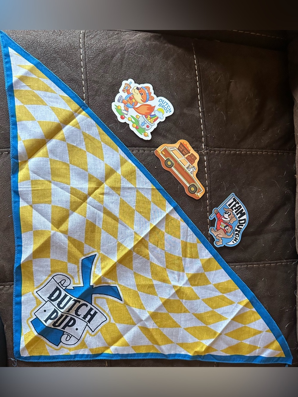 Dutch Bros Yellow & Blue Dutch Pup Bandana & 3 Dutch Bros Dog Stickers